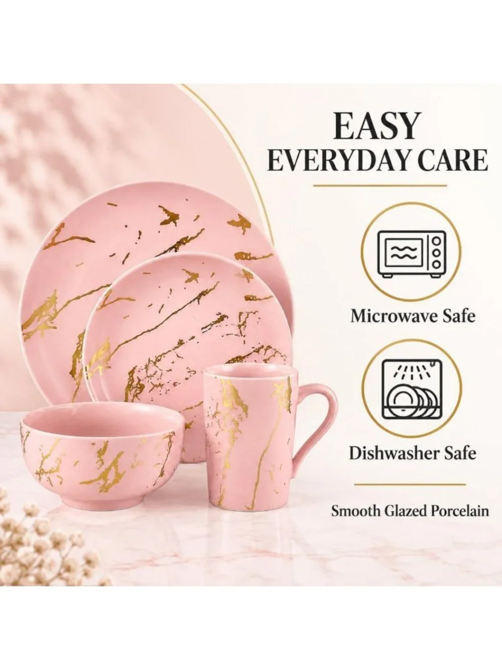 Elegant Pink Dinnerware Set for 4 | 16-Piece Porcelain with Gold Marble Accents